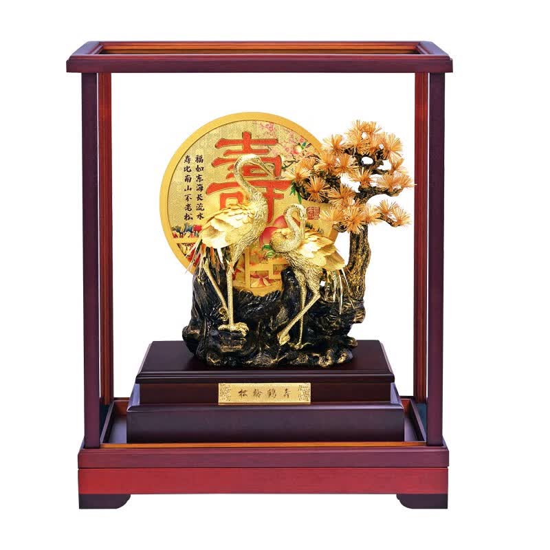 京峰阁 松龄鹤寿金箔橱窗祝寿摆件 送老人长辈生日礼物六十八十大寿礼品 橱窗松龄鹤寿