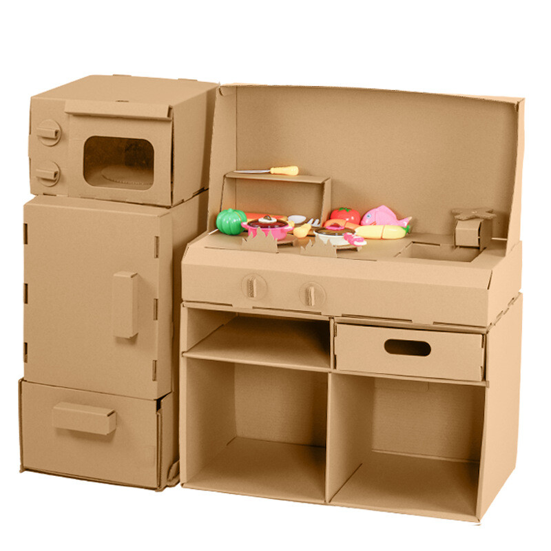 手工纸板房子大小孩玩具diy纸板厨房微波炉冰箱幼儿园手工制作 厨房