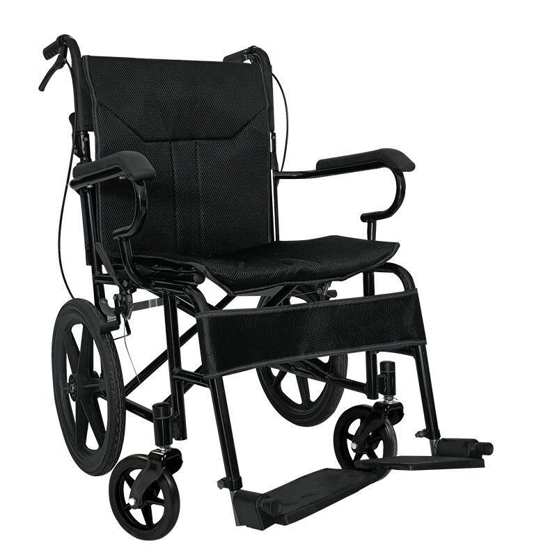 旅行超轻简易手推车残疾老年人瘫痪代步 16轮椅黑【双层拆洗坐垫】