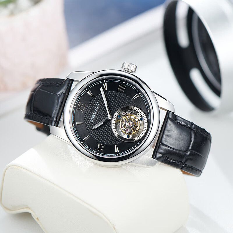 欧宝罗（OBLVLO）全自动陀飞轮同轴机械表原装进口机芯男表高端定制钢带名表十大 山川黑 42mm