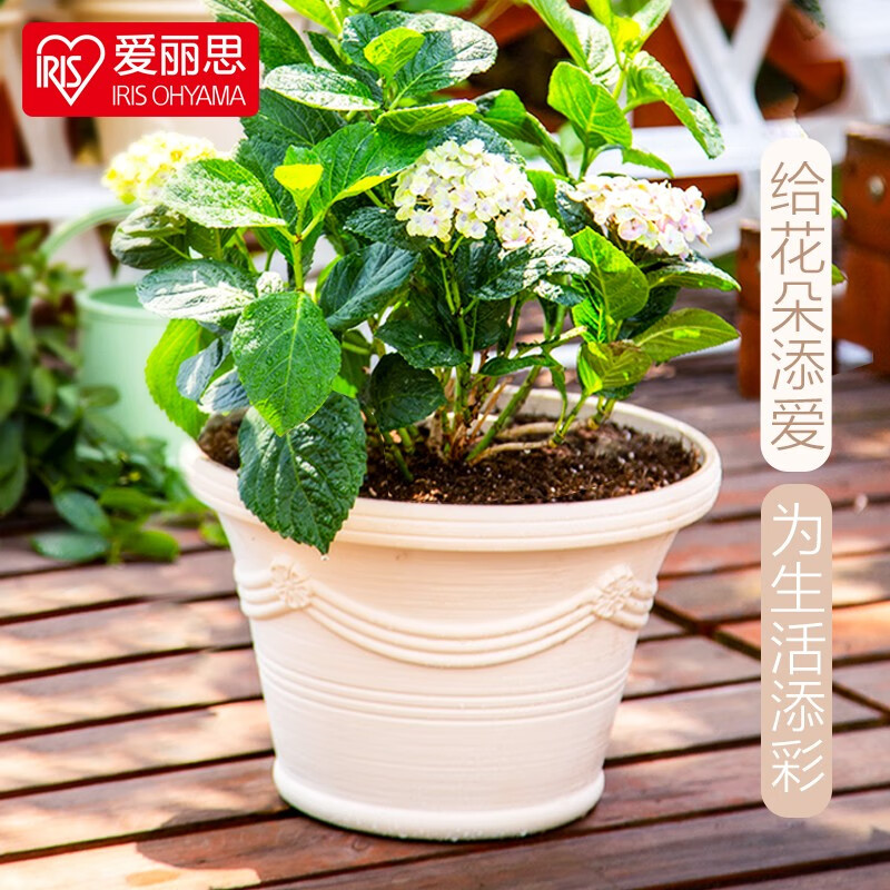 爱丽思（IRIS）圆形大号花盆树脂波纹花盆阳台室外塑料花盆多肉大口径加厚花盆 8号米色