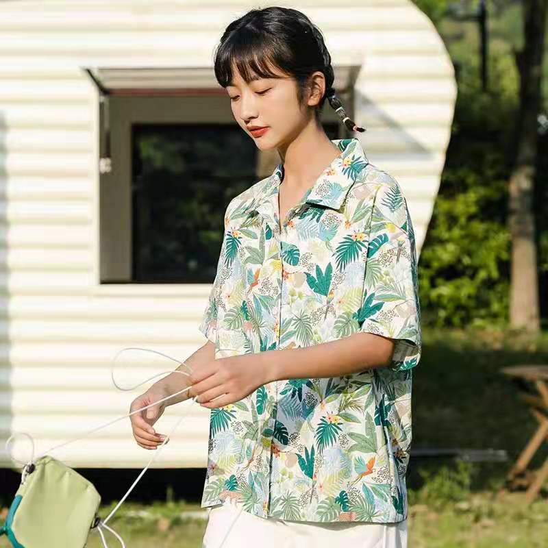 港味复古印花短袖衬衫女设计感小众度假风上衣宽松外穿百搭夏薄款 601