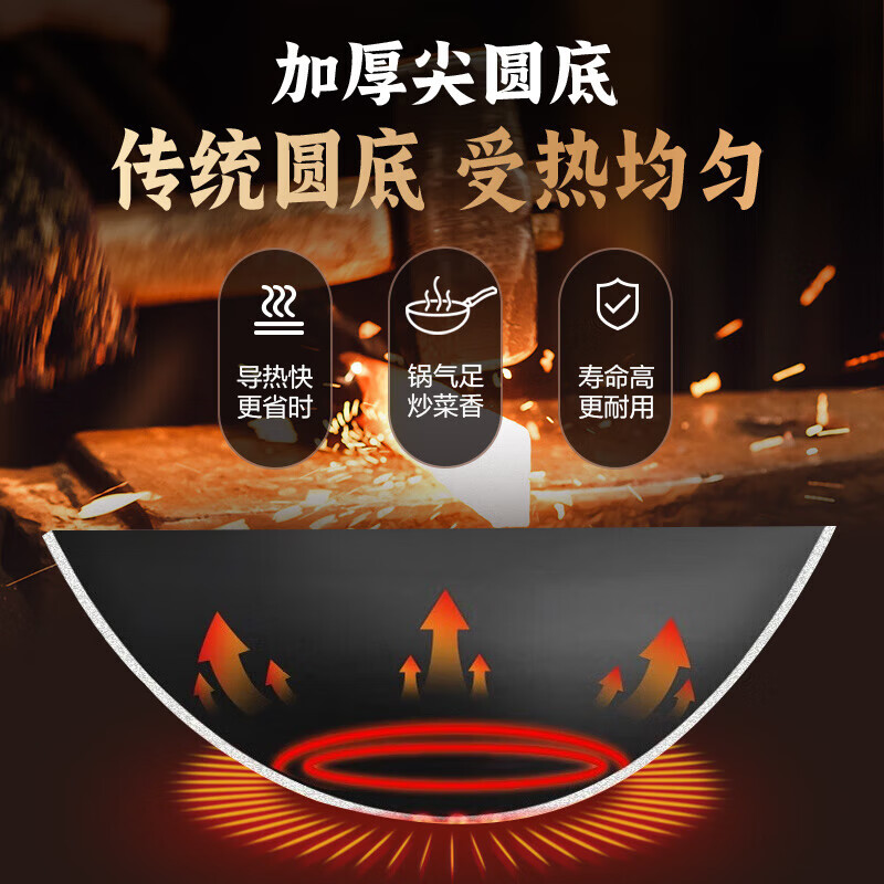苏泊尔(SUPOR)无涂层炒菜锅尖圆底传统老式炒锅家用熟铁锅精铁爆炒锅燃气灶专用 【配锅铲+玻璃盖】 34cm