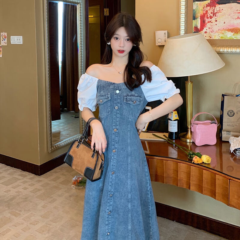 宁墅牛仔连衣裙新款胖女孩微胖女生大码法式拼接泡泡袖收腰连衣裙女夏