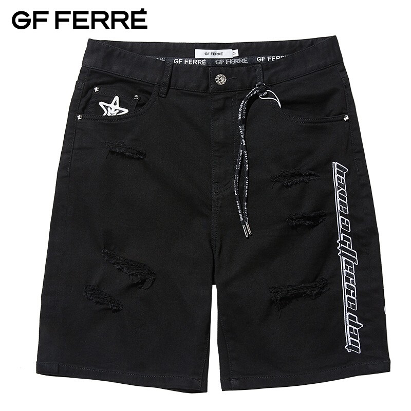 ferre/吉弗意大利轻奢潮牌 牛仔短裤 破洞牛仔短裤 gam12n1020 黑色