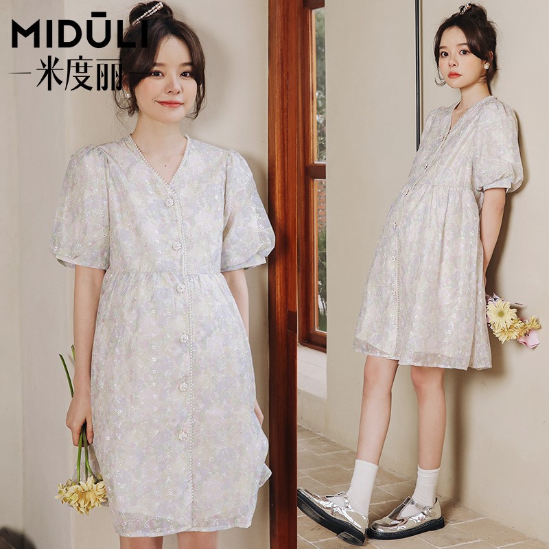 米度丽 孕妇装夏装孕妇连衣裙夏季短袖碎花泡泡袖孕妇裙子夏款上衣