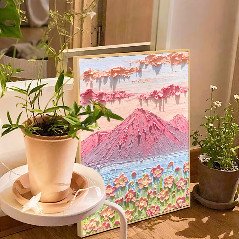 画diy材料包石英砂丙烯数字油画粉色沙滩手工 富士山下(全套材料包)