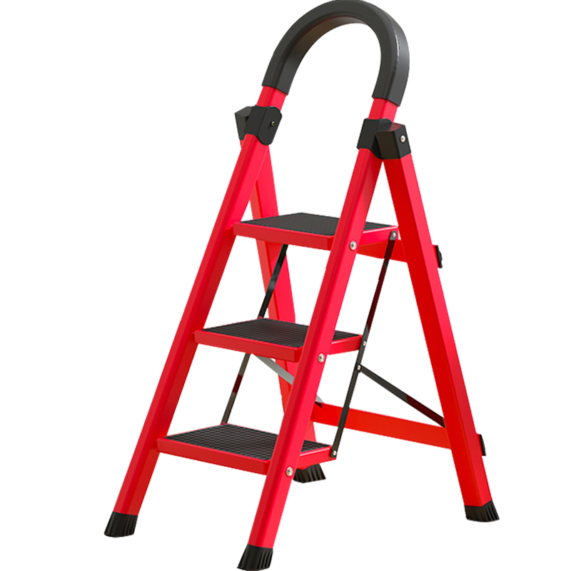初学者 梯子家用折叠梯人字梯加厚碳钢宽踏板多功能工程梯 加厚三步梯-红色