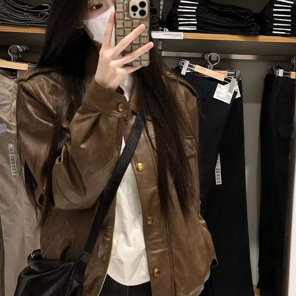 棉致森马集团旗下美式皮衣外套女2023秋季新款小个子复古PU宽松长袖 深棕色 M高性价比高么？