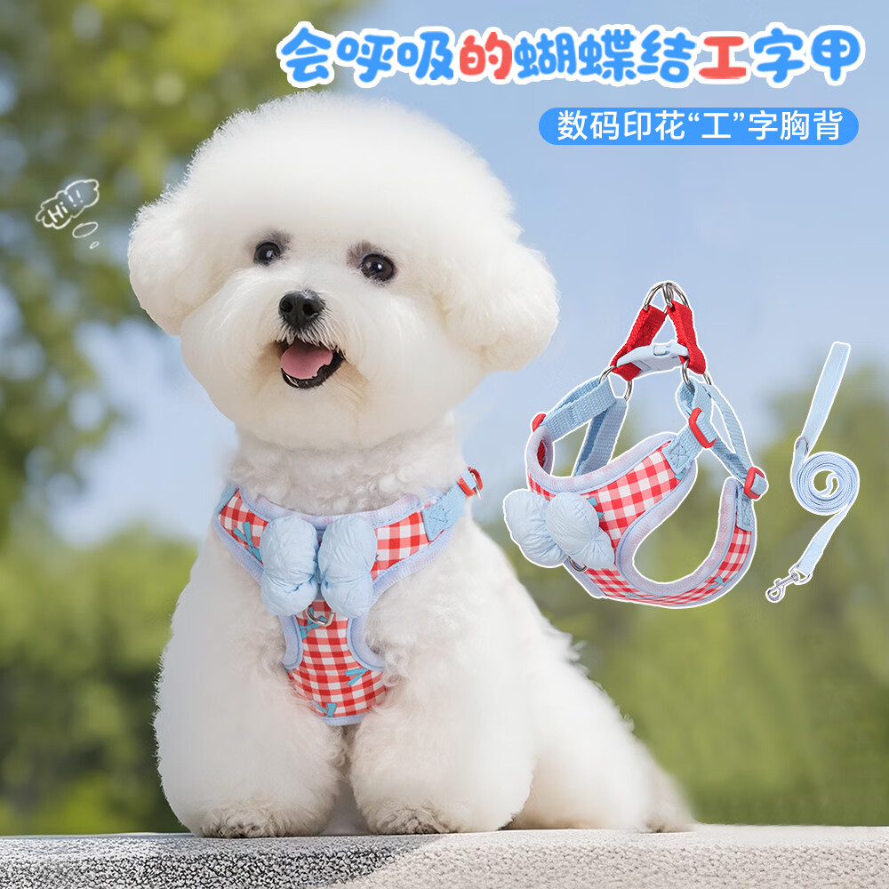 宠小曼新款狗狗猫咪牵引绳胸背带花花蝴蝶结套装透气遛狗绳比熊泰迪S码