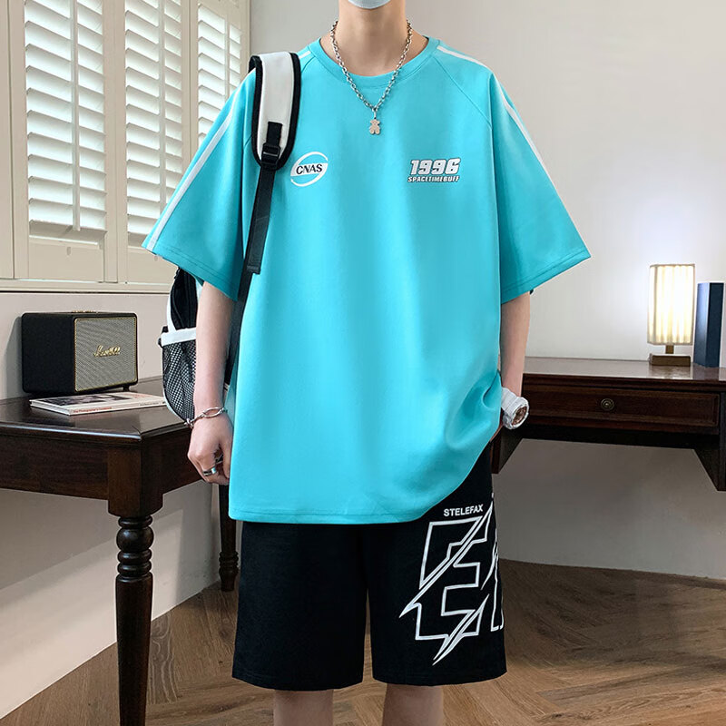 列迅圆领短袖t恤男生夏季休闲运动套装青少年潮牌酷帅穿搭两件套衣服T 5813白色 S (约70~85斤可穿)