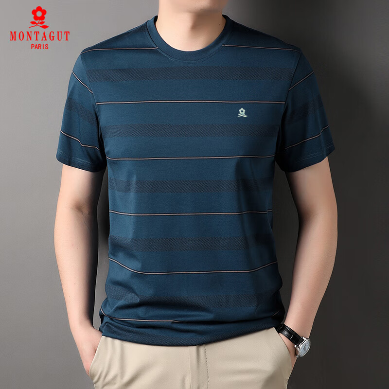 梦特娇(montagut)法国进口短袖t恤男圆领纯棉条纹半袖上衣薄款体恤衫