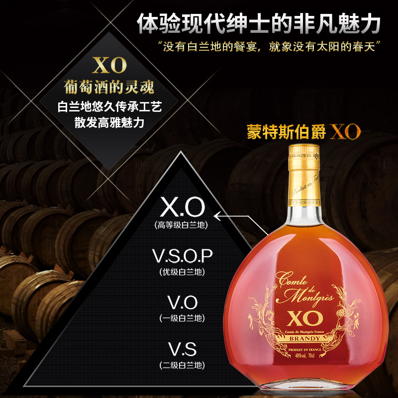 蒙特斯伯爵百年酒庄法国原装原瓶进口40度白兰地XO 蒙特斯系列洋酒礼盒 蒙特斯伯爵XO 700mL 1瓶