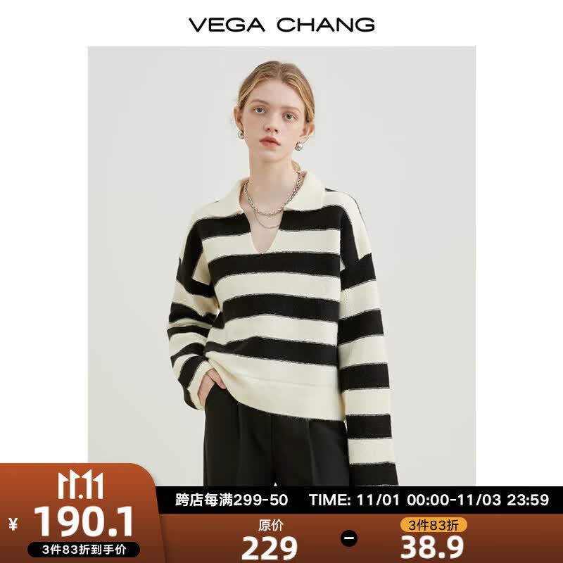 VEGA CHANG条纹毛衫女冬2023年新款韩版宽松polo领学院风针织毛衣 均码使用感如何?