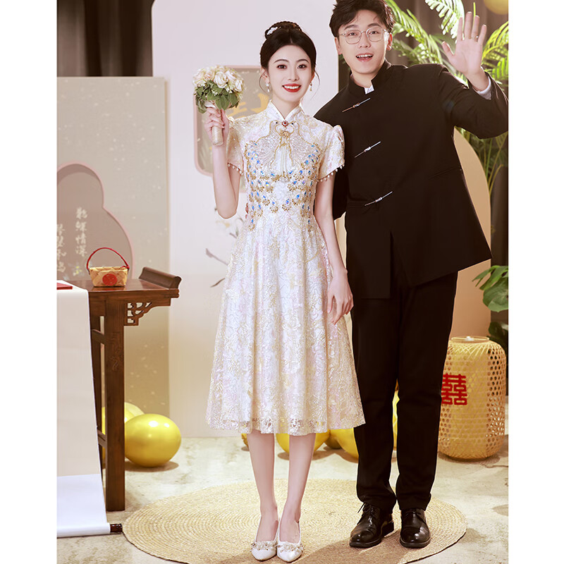 卡悠萊訂婚禮服輕奢高級感旗袍中式旗袍敬酒服新娘2024魚尾回門訂婚禮服 香檳加粉 拍攝有色差 短袖 中長1 L