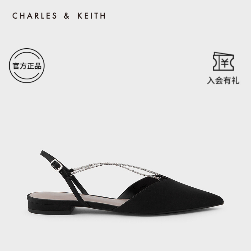 CHARLES＆KEITH2021春夏新品CK1-70900271-A女士链条尖头平跟凉鞋 Black黑色 39