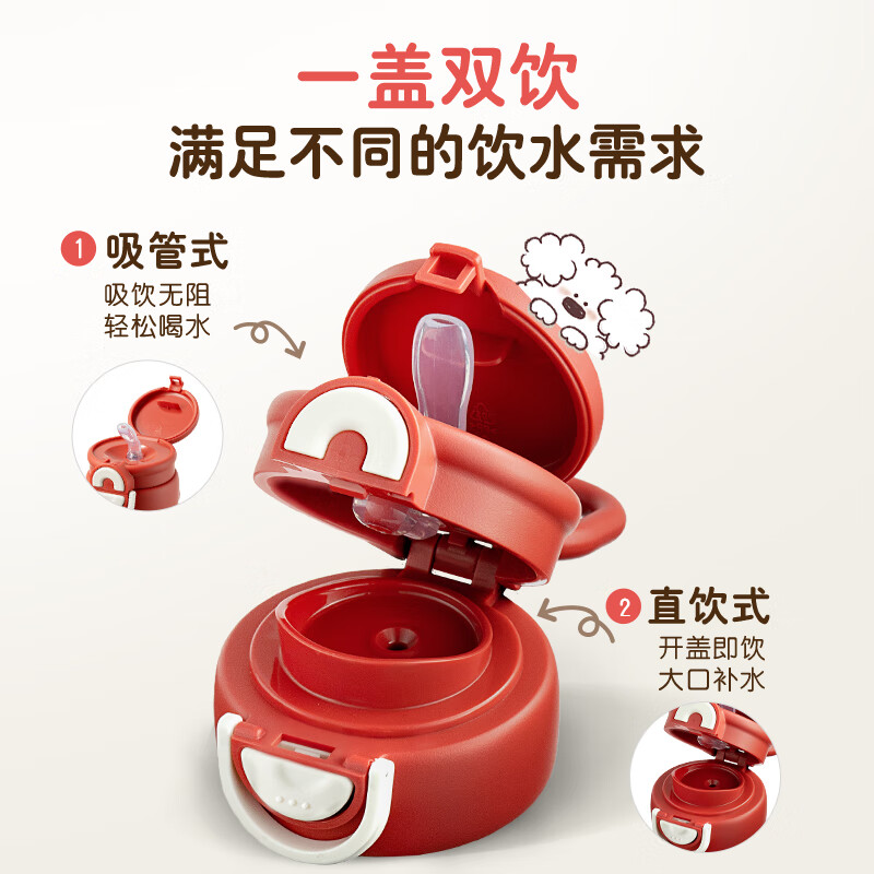 贝亲×miiiiichan儿童保温杯小学生上学专用喝水杯 316不锈钢 600ML 紫色波点-双饮口