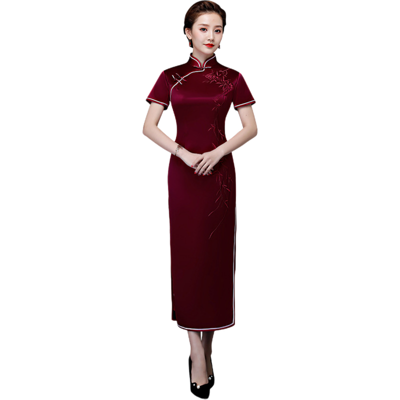 玫芙娜旗袍女酒紅色短袖婚宴禮服端莊大氣繡花旗袍裙敬酒服禮服媽媽裝 酒紅色 L