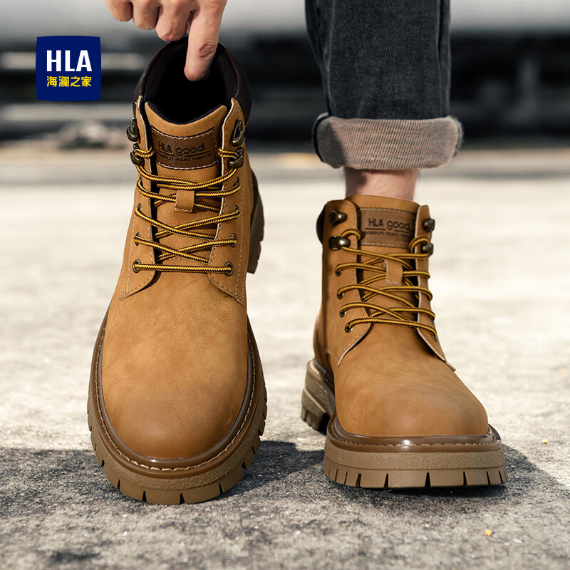 海澜之家马丁靴男潮流男鞋户外情侣款百搭防寒登山高帮工装大黄靴子男T121 土黄色-男款 39