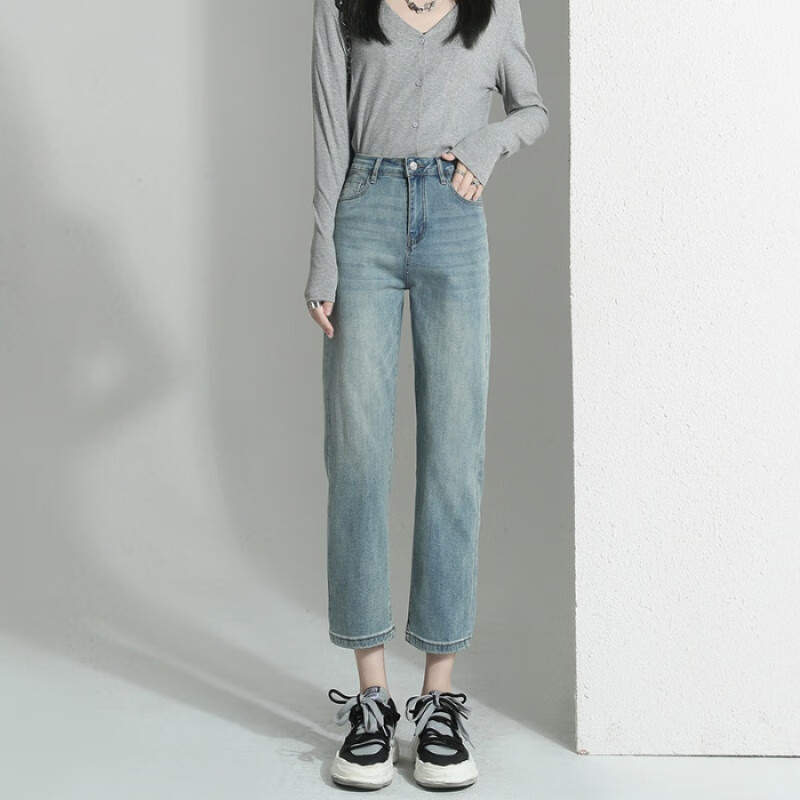矢向牛仔裤女烟管裤浅色复古直筒春秋高腰显修身窄版九分裤小个 怀旧蓝八分 XS