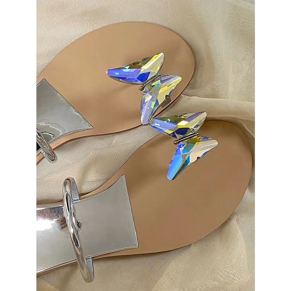 夹指夹板谅晾涼鞋平底水钻蝴蝶凉拖鞋女鞋子2023 金色 35(关注优先发)