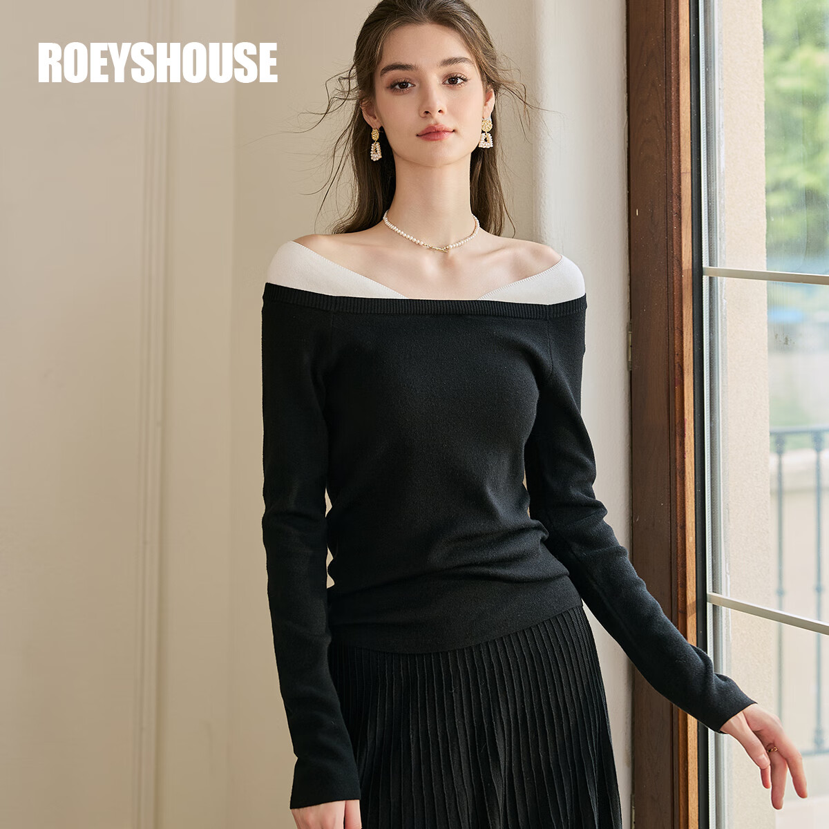 ROEYSHOUSE罗衣高级黑色山羊绒毛衣秋冬新款气质一字领修身针织衫11256 黑色 L