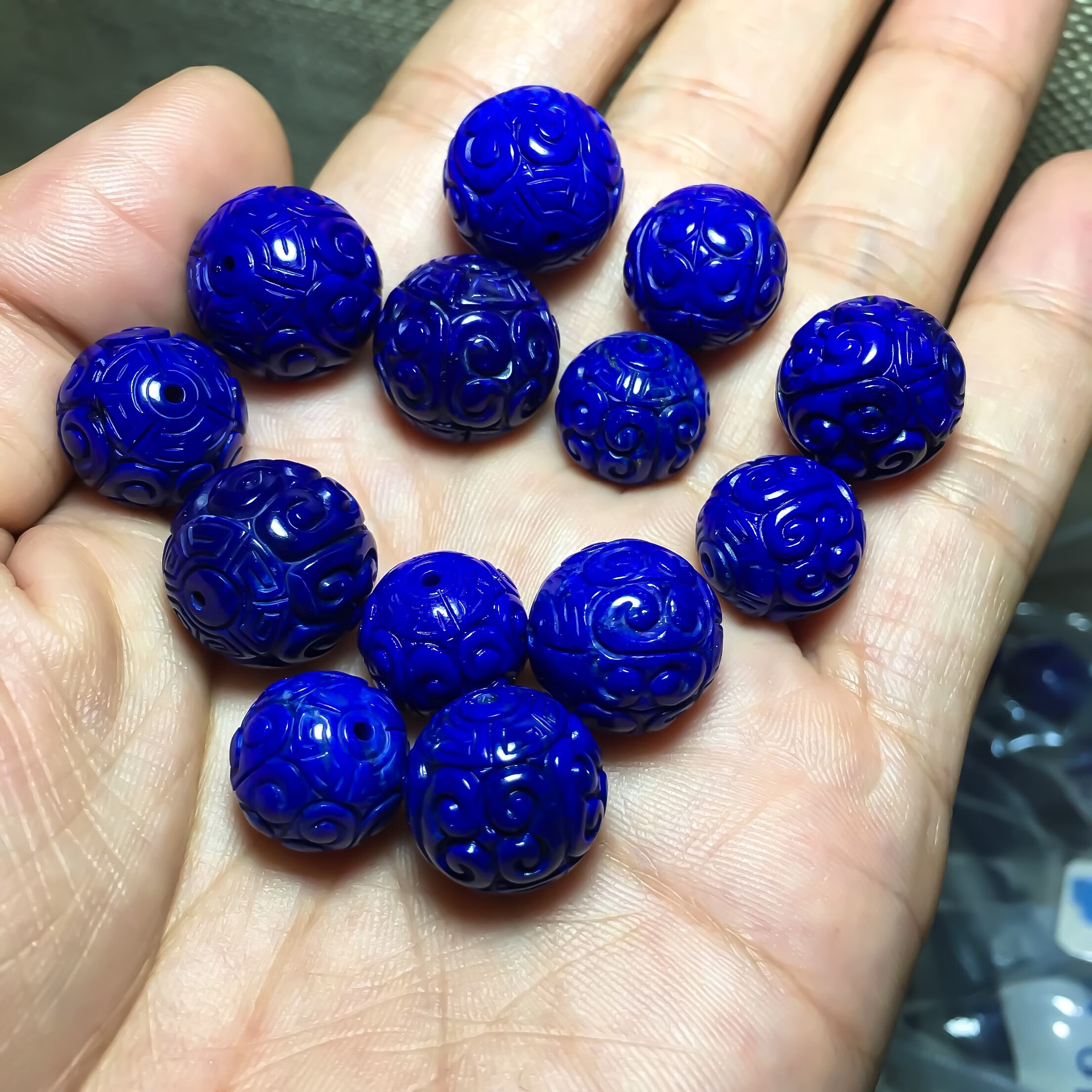 瑾然  天然青金石回纹散珠子 雕刻单颗水晶文玩多宝手串项链diy饰品