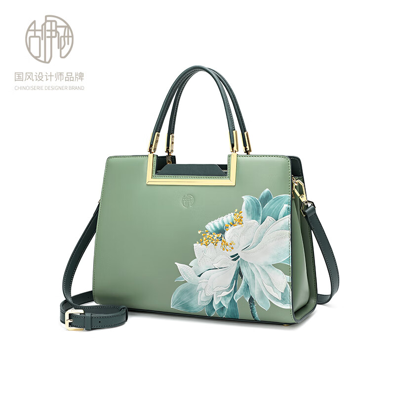 古伊西中国风大气时尚女包手提包生日礼物牛皮包大容量牛皮包印花妈妈包 青瓷+送礼品袋+代写贺卡