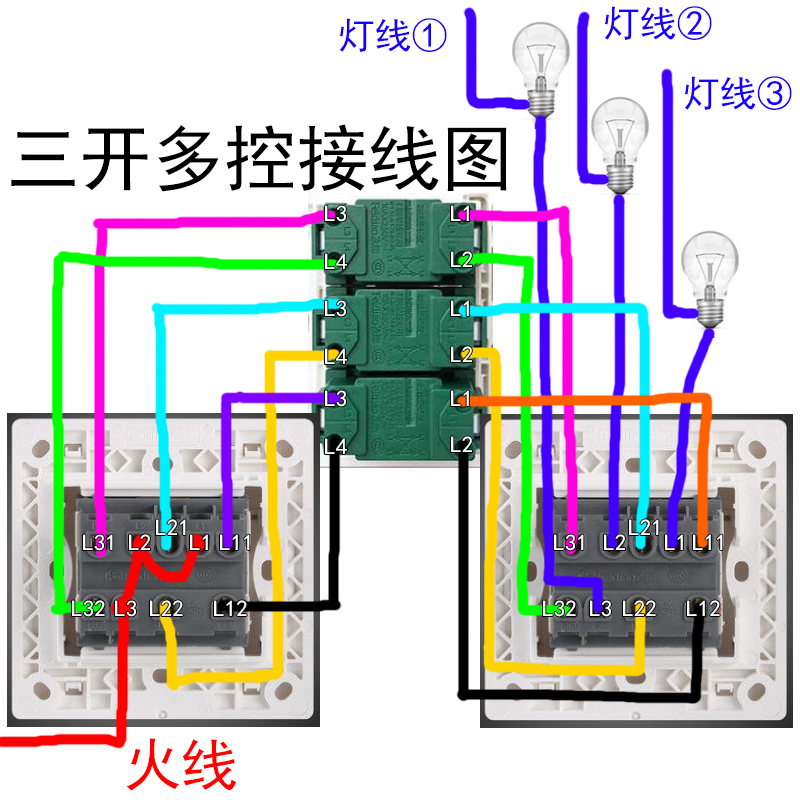 暗装三开多控三控中途开关三控开关家用三联3位86型双控灯开 86型明装