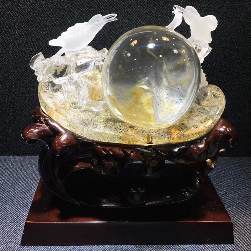 墨辰珠宝 天然黄胶花绿幽水晶摆件精雕荷塘月色 工艺精湛 造型独特