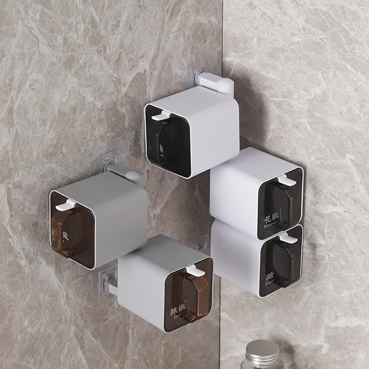 创建厨房旋转调料盒组合套装壁挂式调料瓶收纳盒置物架免打孔 （旋转式）灰色4格