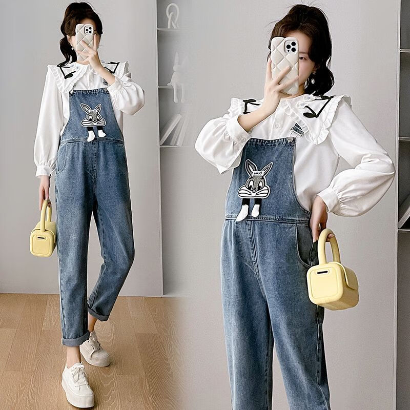 十月妈咪孕妇牛仔背带裤春夏外出服时尚兔子刺绣宽松休闲裤直筒长裤