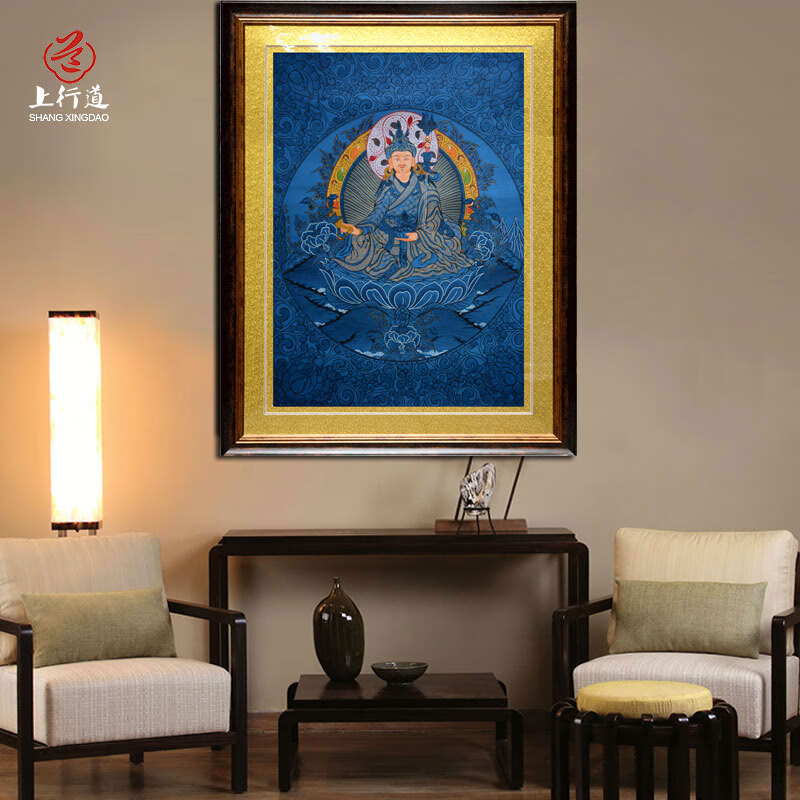 上行道蓝卡莲花生大士手绘唐卡咕噜仁波切装饰画挂画书房客厅玄关新