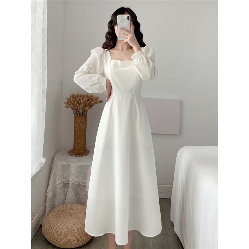 妙微熊白色赫本长袖连衣裙女秋冬方领收腰显瘦复古加绒内搭打底气质