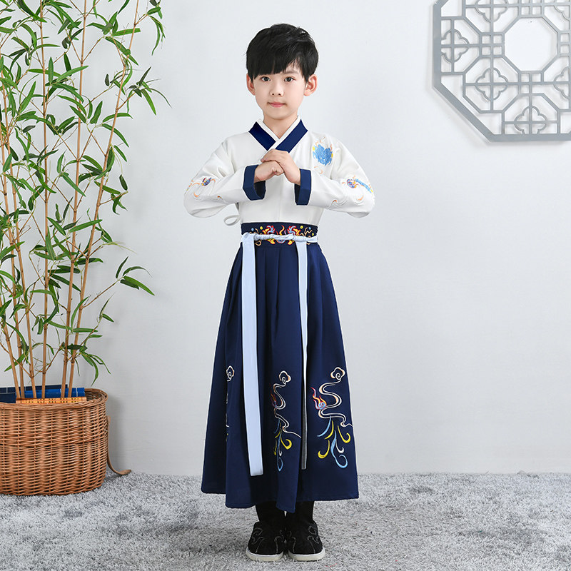 古装男童国学服春秋少爷装小书童开笔礼朗诵演出服装 藏青龙腾(直袖)