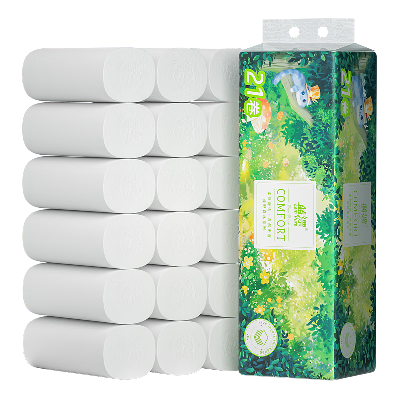 蓝漂无芯卷纸5层100克*21卷自然无香白色扁卷纸卫生纸绿野森林系列