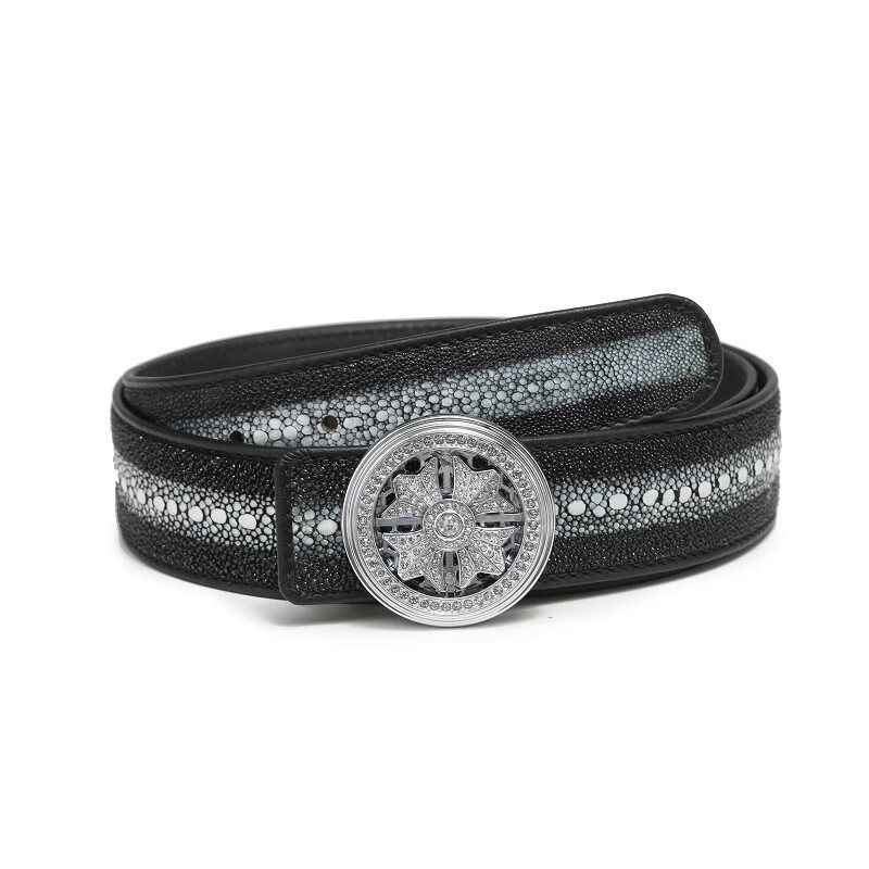 来运转平滑扣腰带商务真皮裤带时尚牛仔裤腰带 银扣(配珍珠鱼皮带身)