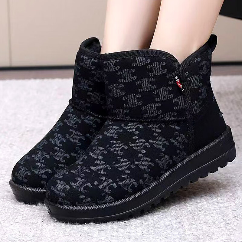 雪地靴女款妈妈棉鞋时尚中老年女棉靴加绒加厚百搭女棉鞋 F07-1黑色 35