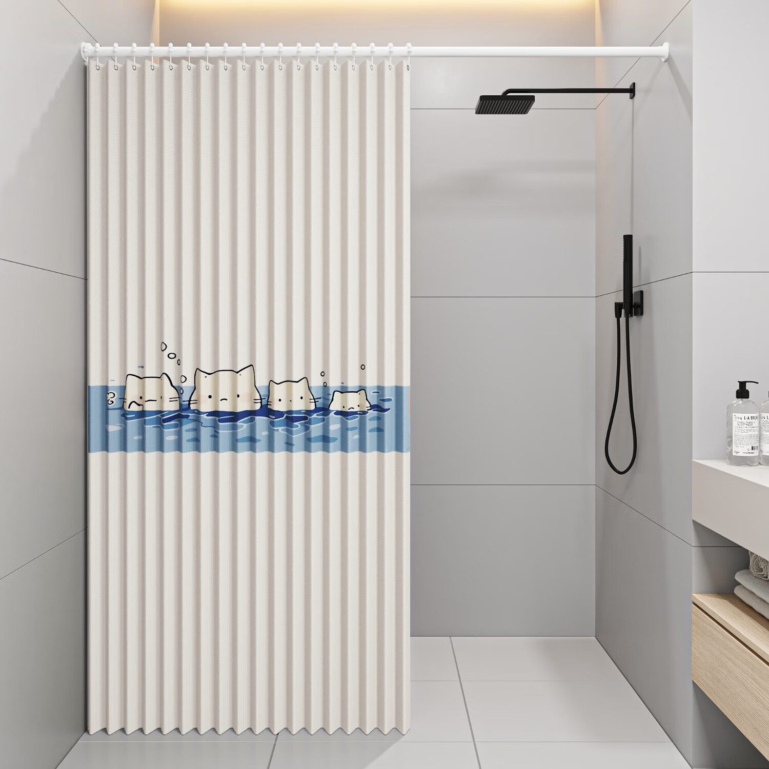 韩娜隐形折叠浴帘磁吸帘浴室干湿分离套装免打孔卫生间防水布防霉隔断