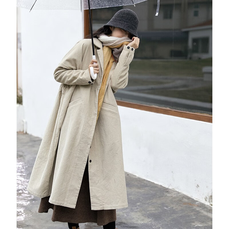 定制全棉灯芯绒 2022秋冬风衣外套女装秋宽松中长款大衣 大地杏 l