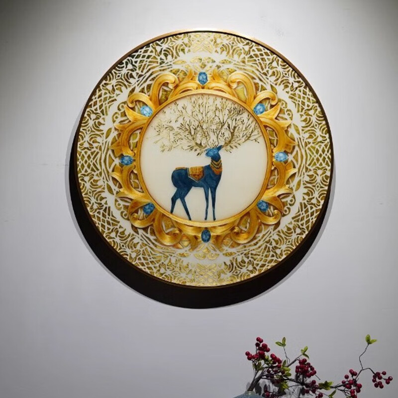 逸福瑞现代风格圆形逐鹿生财鹿图纯手工苏绣刺绣带框玄关走廊客厅装饰