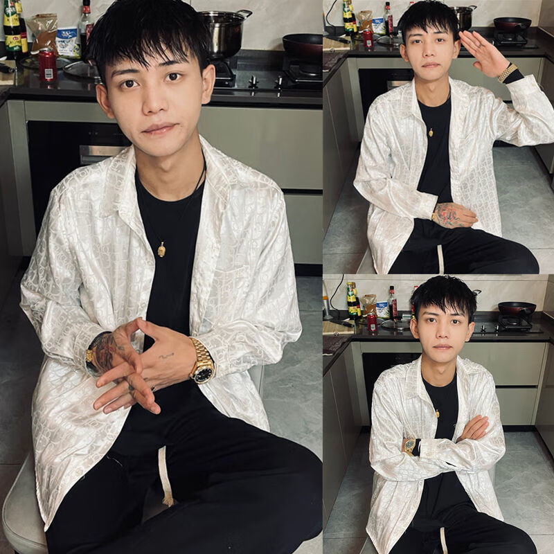 凡摩乔潮男花百万同款衬衫外套社会小伙冰丝长袖衬衫衣外套 【冰丝