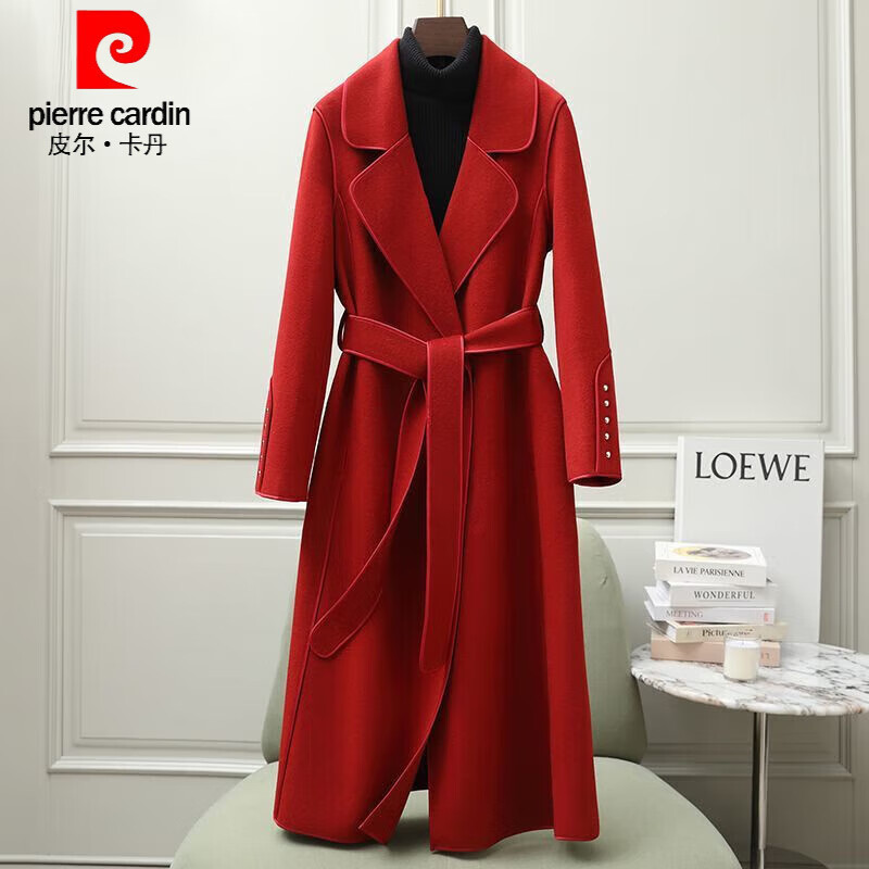 皮爾卡丹（pierre cardin）秋冬雙面羊絨大衣高端100%羊毛大衣純手工大衣高級包邊長款雙面呢 磚紅色 XL 130-150斤