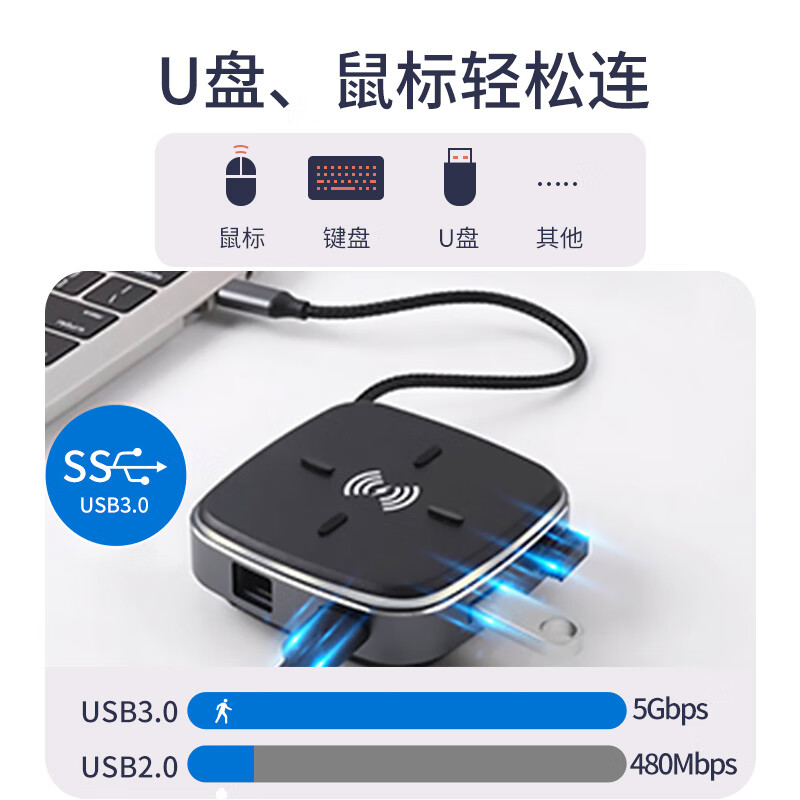 优霆 Type-C转HDMI扩展坞TF/SD读卡器USB3.0集线器Mac笔记本电脑4K投屏器无线充电9合1多功能HUB 专票套餐 Type-c扩展坞9合1