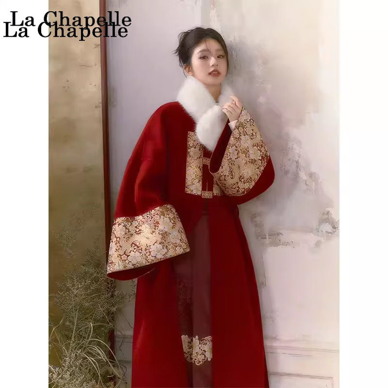 拉夏贝尔（La Chapelle）中式双面羊绒大衣女秋冬结婚敬酒服新娘便装红色订婚毛呢外套 红色 S