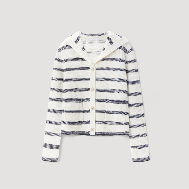 OVV秋冬热卖女装羊毛条纹法式浪漫海军领休闲长袖针织外套 藏青条纹A4 L