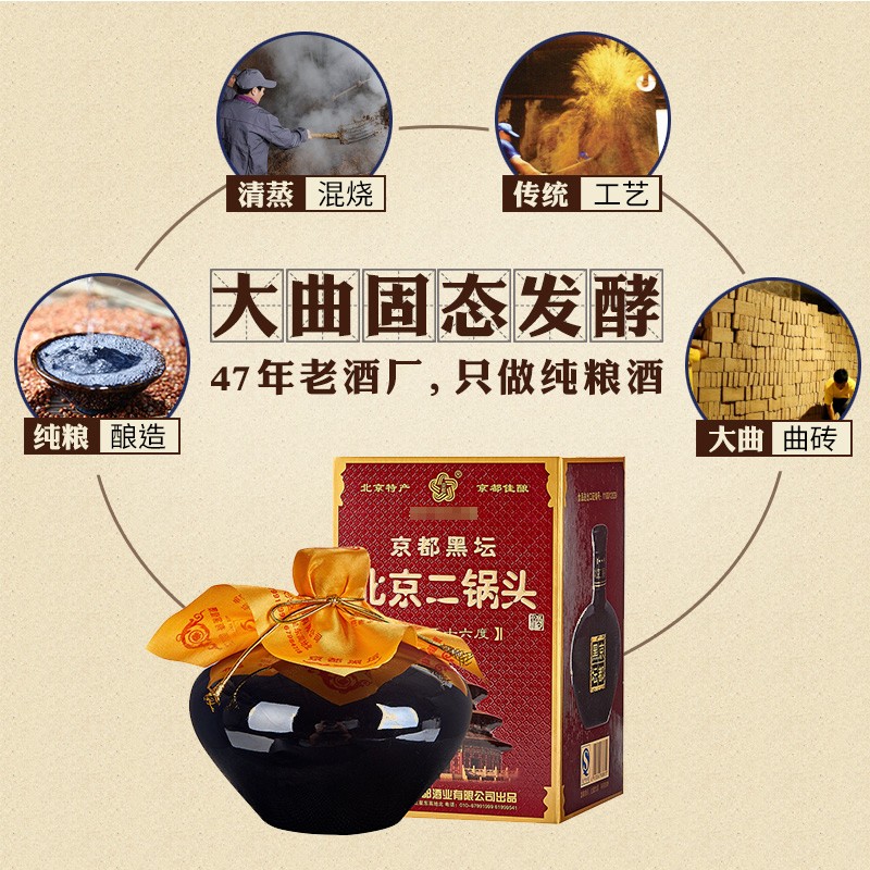 京都老北京二锅头纯粮酿造56度黑坛清香型口粮酒500ml礼盒装高度白酒 56度 500mL 2瓶
