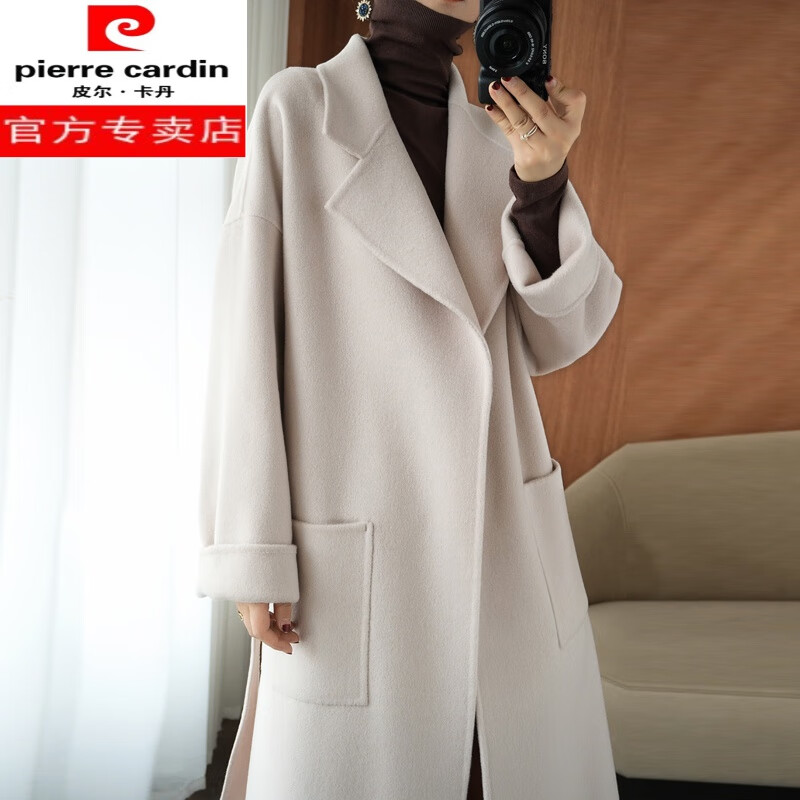 皮尔卡丹(pierre cardin)欧洲站双面羊绒大衣女中长款西装领宽松系带