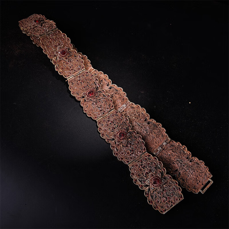 文玩收藏 精制铜艺青铜鎏金镶嵌腰带一条xml374zy