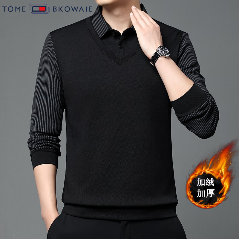 汤米芙兰可加绒加厚假两件2025年秋冬季新款保暖休闲修身套头男士上衣 黑色加绒 2XL /180(建议150-165斤)
